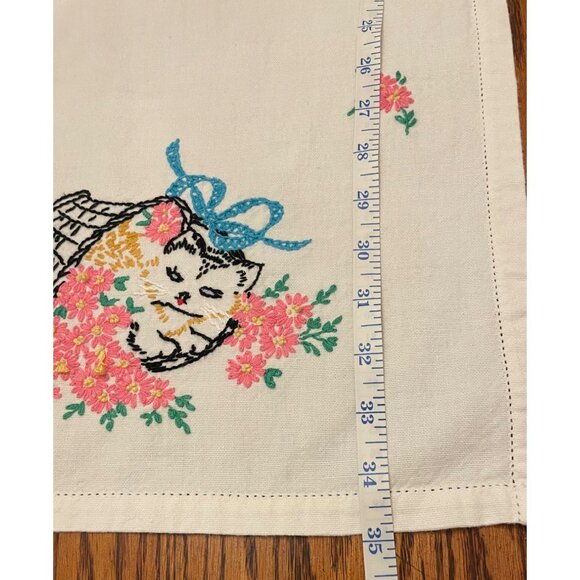 Vintage Embroidered Table Runner With Cat &Pink Floral Basket Design 13.5" x 35" - Picture 4 of 16